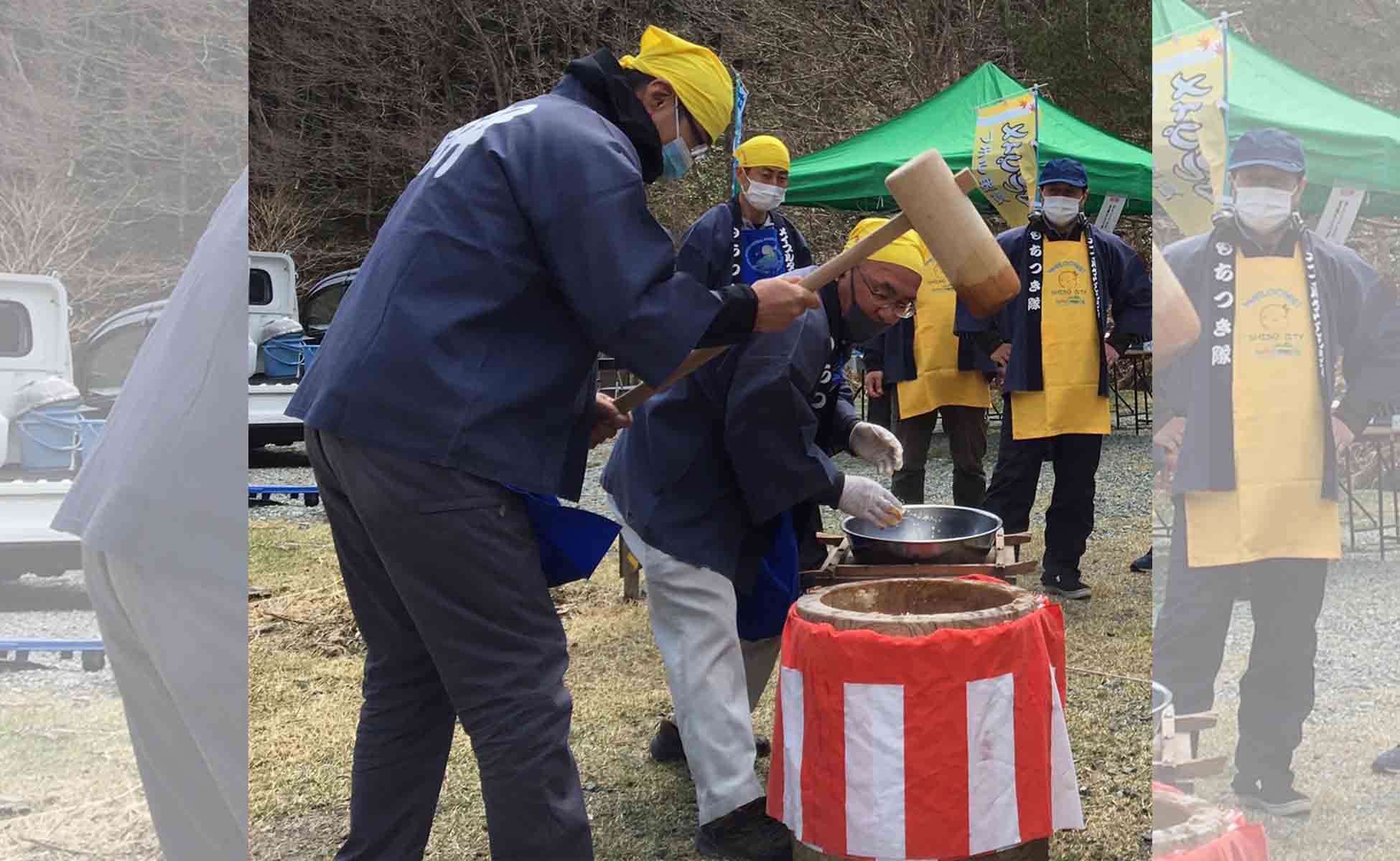 宍粟「もちつき隊」JDリーグ会場に見参